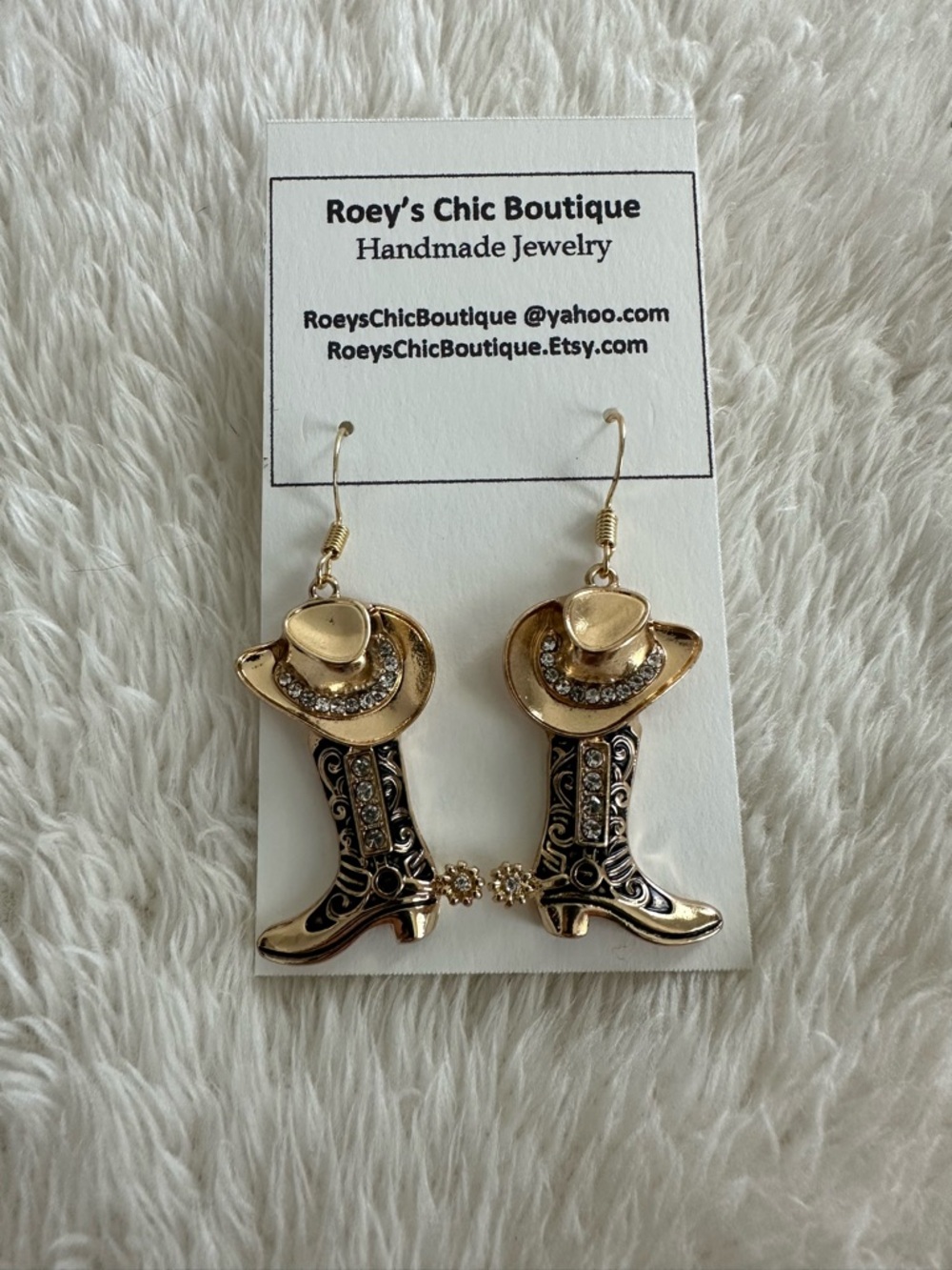 Gold Western Cowboy Boot & Hat Dangle Earrings 18k GP Ear Wires - Picture 2 of 3